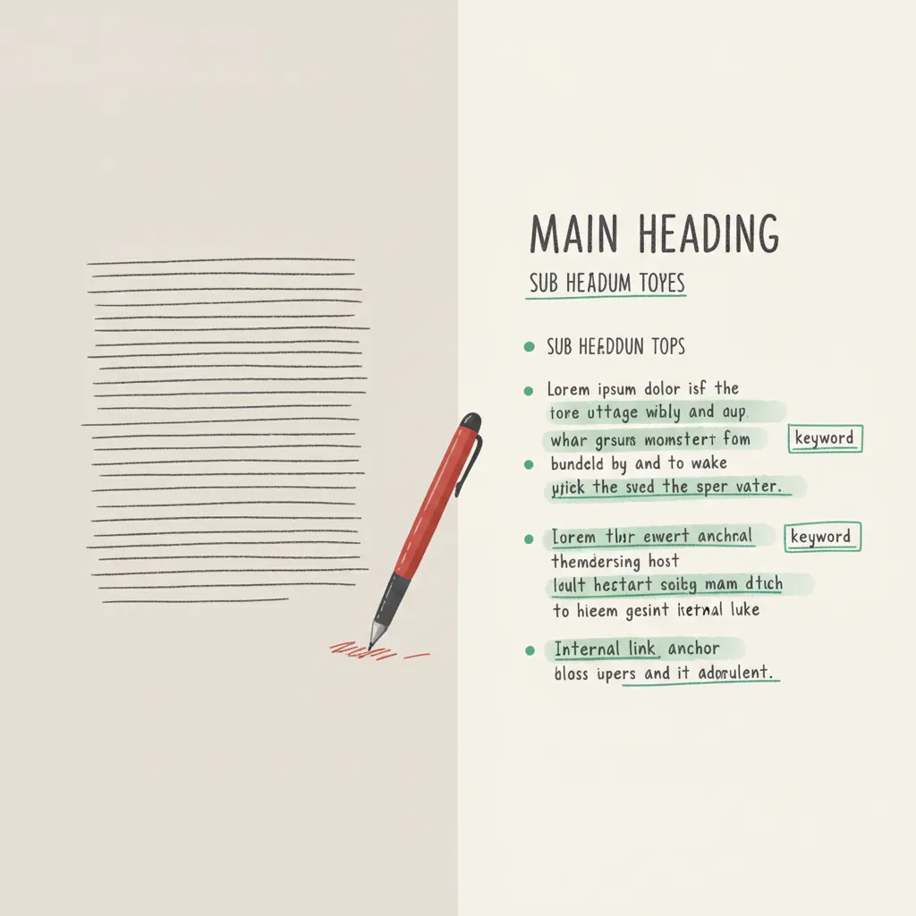 Raw AI blog draft versus SEO-optimised version showing heading structure and keyword placement