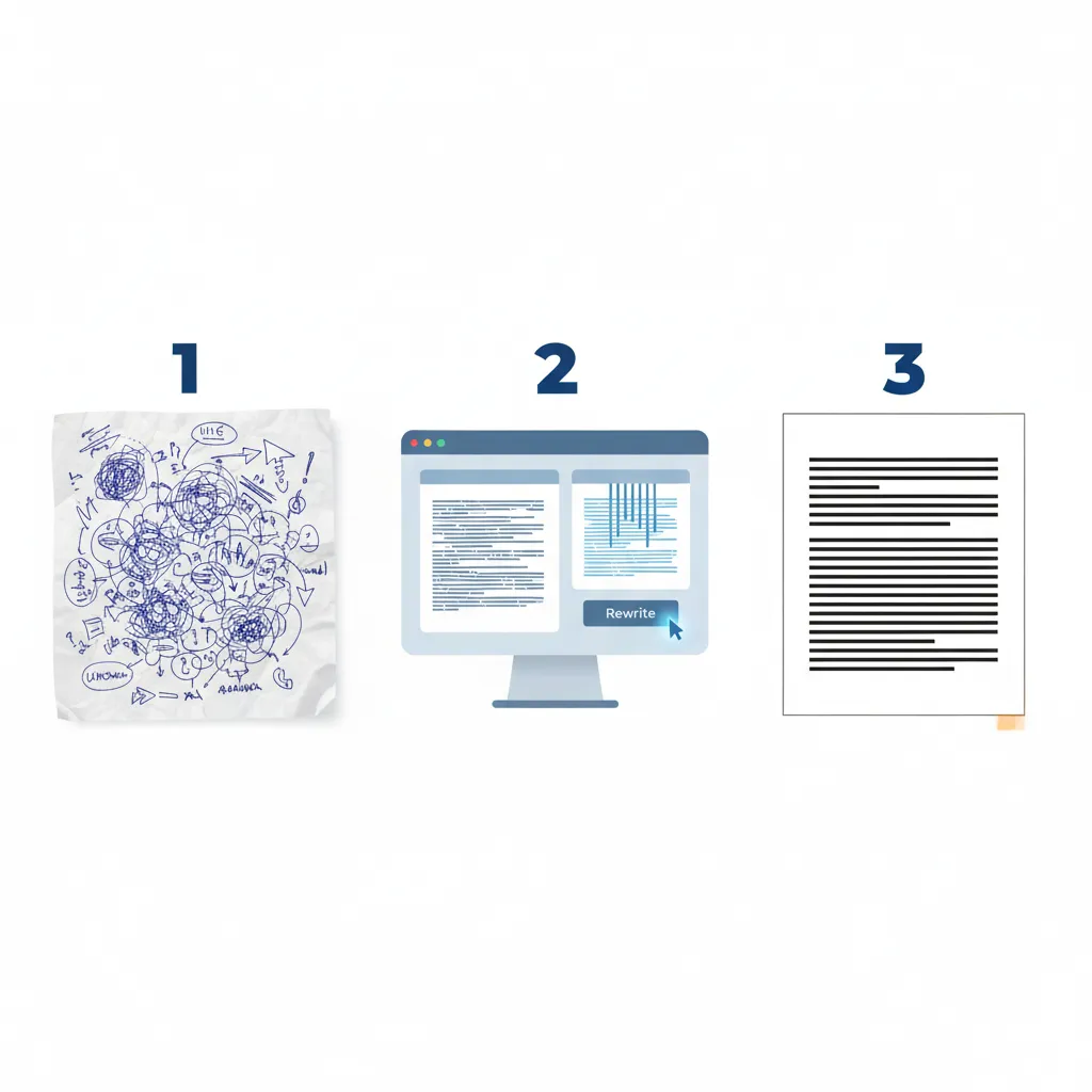 Visual workflow of three-step rewriting process: draft, structural rewrite, polished result.