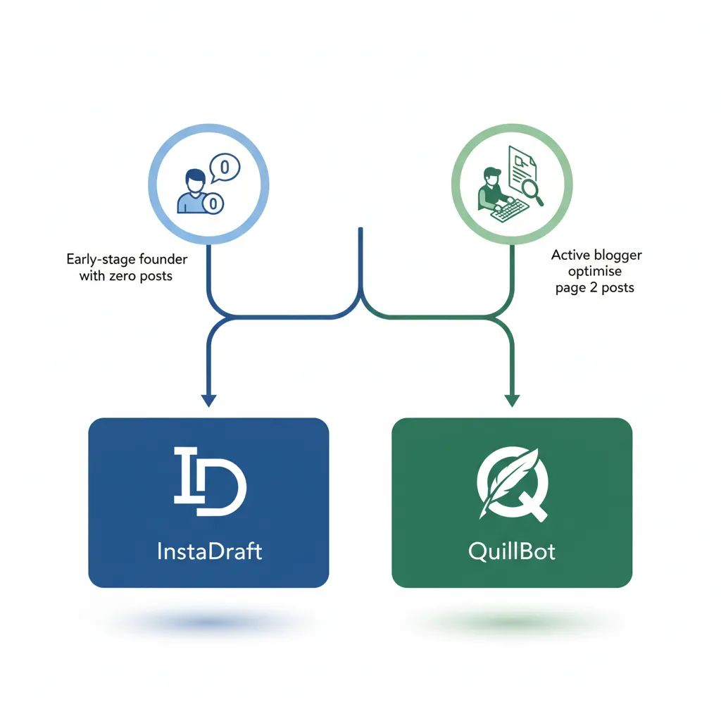 Decision tree showing which AI rewriter tool suits early-stage vs. established content creators.