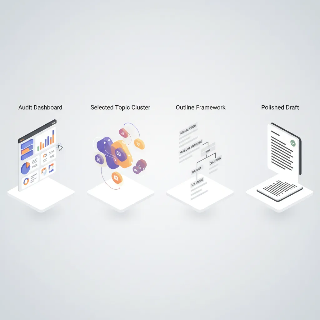 Four-step SEO writing workflow: site audit, topic selection, outline generation, and final draft refinement